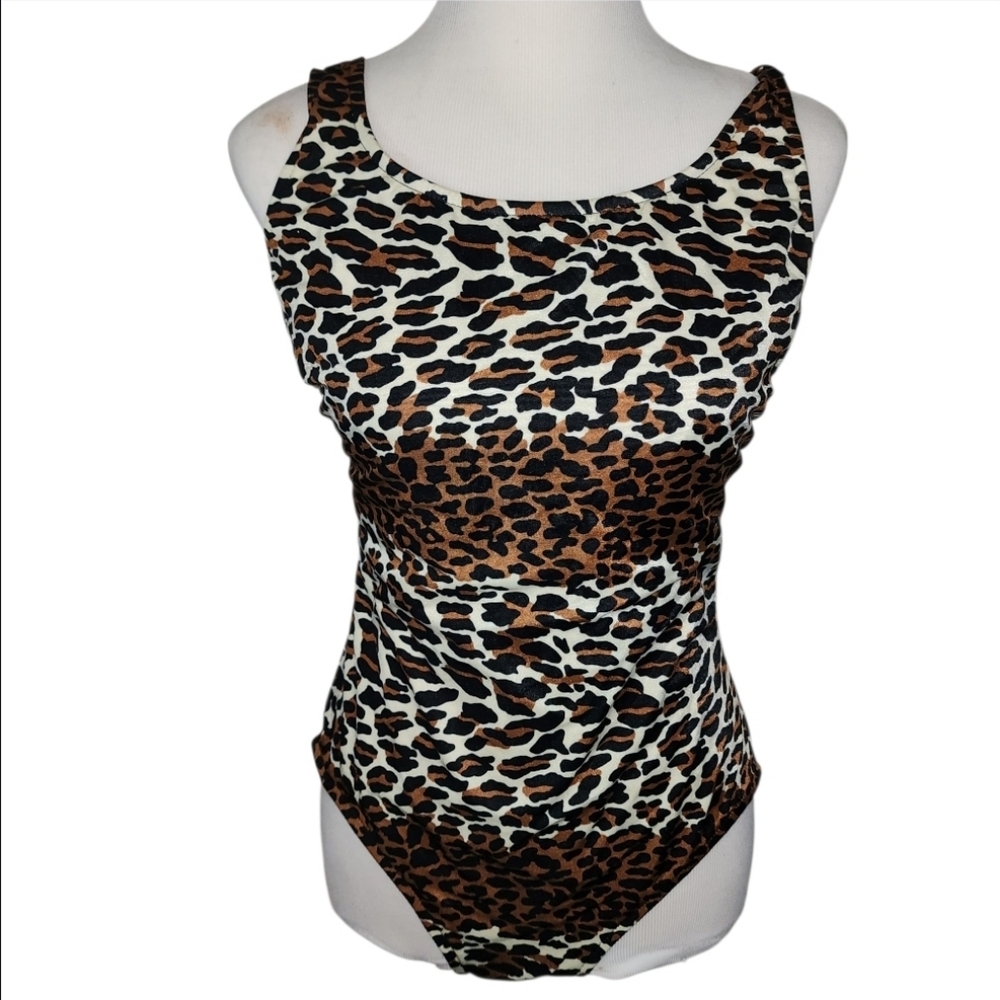 Vtg 80s Airway 1PC Leopard Print Swimsuit Sz 14 Bow Back High-Cut Made USA Beach